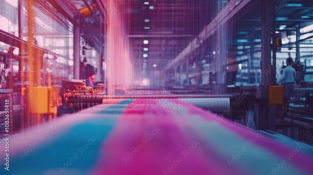 Poster textile factory with large machines weaving fabrics, colorful threads in motion, and skilled workers