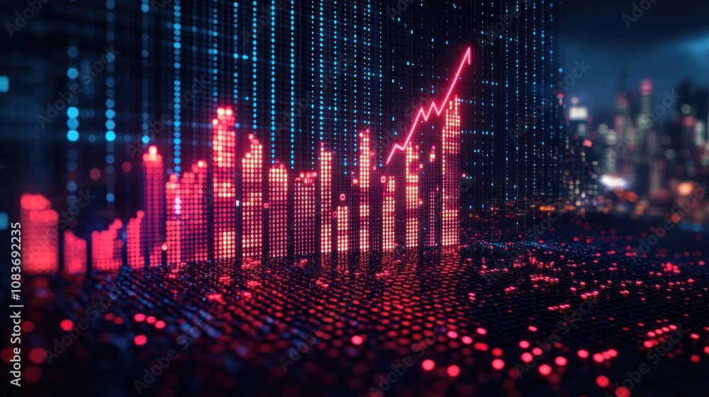 Poster red upward trend line on digital grid with city lights in background