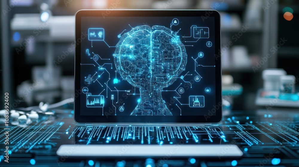 Poster a laptop screen depicting a digital brain with circuitry