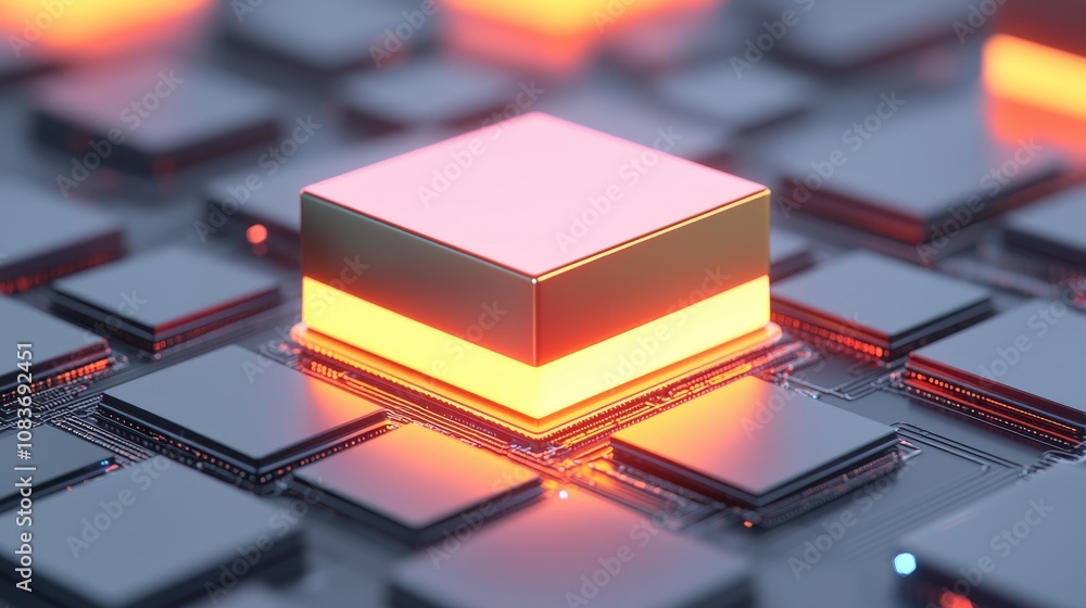 Poster futuristic tech glowing cube on circuit board abstract 3d render