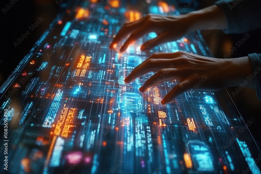 Aufkleber hands interacting with a futuristic digital interface