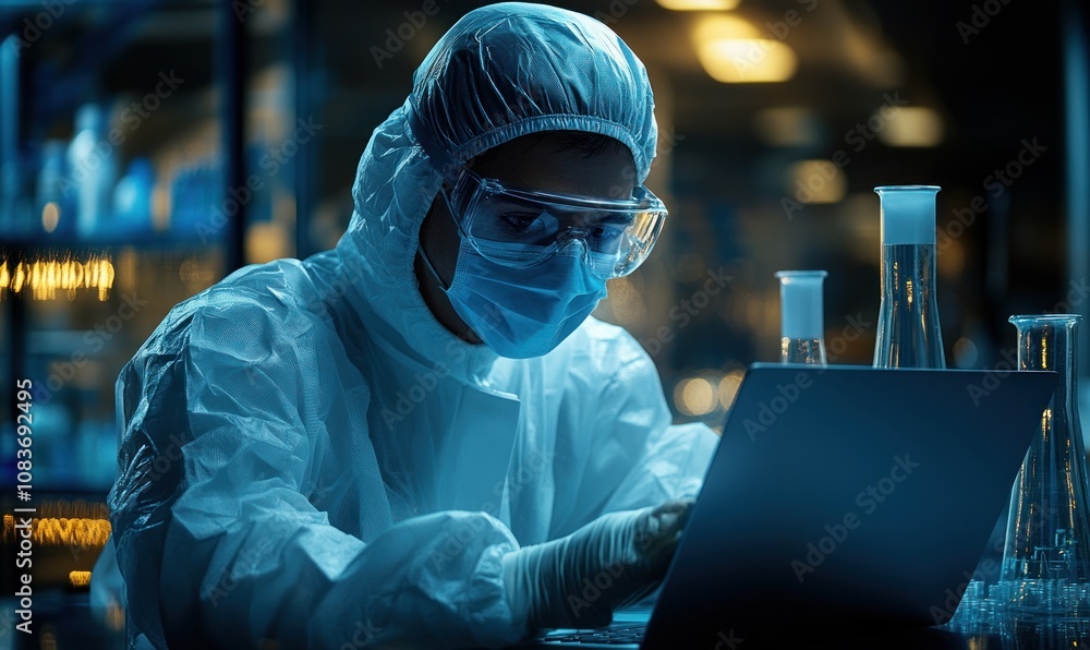 Poster scientist in protective gear using laptop in a laboratory