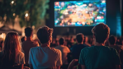Young fans watching an E-sports match on a large screen outdoors, cheering and celebrating each play, bringing the community together in excitement