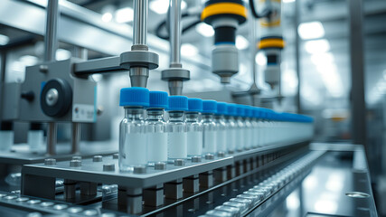 A production line fills and caps glass vials with liquid medicine