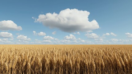 Golden Wheat Field Under Blue Sky with Fluffy Clouds Agriculture Nature Harvest