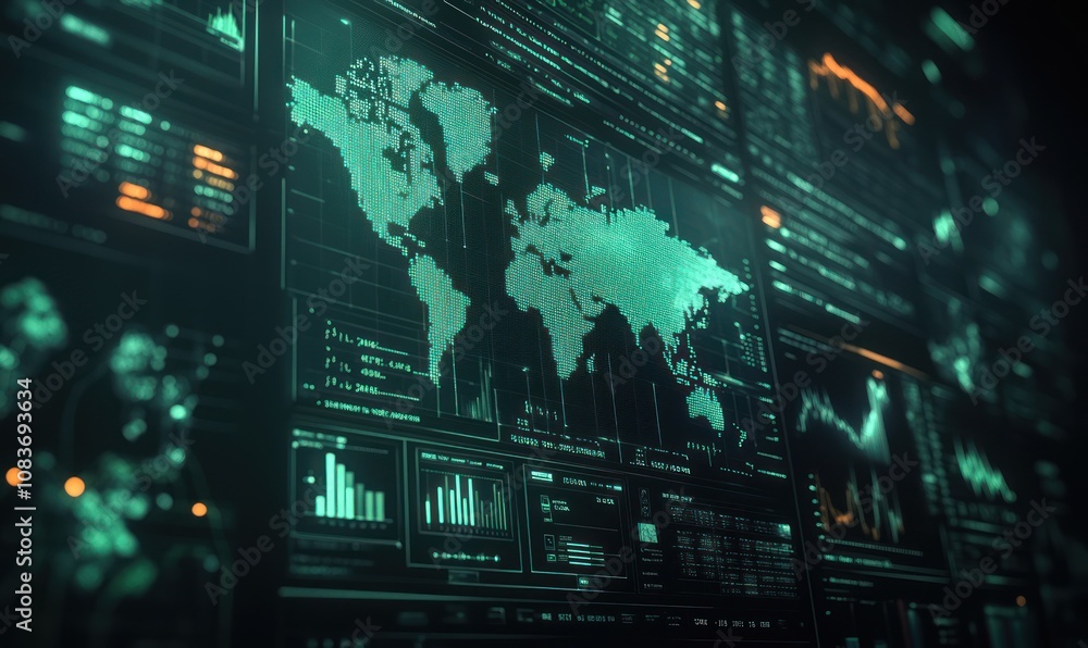 Poster green digital world map display on futuristic interface