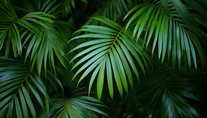 Obraz premium Close-up of tropical green palm leaf texture, highlighting natural beauty