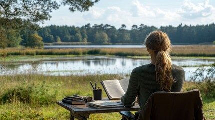 Woman Studying with a Book at a Rustic Wooden Table by a Lake