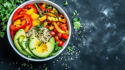 Quinoa and Roasted Veggie Burrito Bowl: Professional Food Photography with Sliced Avocado, Natural Lighting, and Clean Composition on a White Dish.