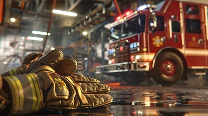 Fototapeta premium Firefighter gloves in a fire station with a fire truck in the background