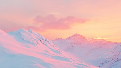 A snowy mountain landscape under a soft pink and orange sky at sunset, with untouched snow glistening in the fading light, highlighting the beauty of quiet solitude