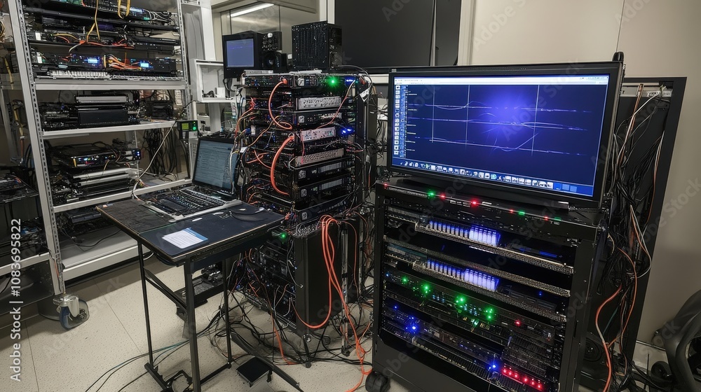 Poster a modern quantum computer setup, showing layers of technology designed to handle quantum calculation