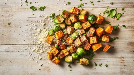 Roasted Brussels Sprouts and Sweet Potato Cubes on a Light Wood Board: Professional Food Photography with Parmesan Garnish and Soft Lighting.