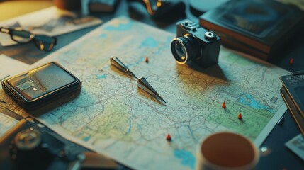 A top-down view of a map pointer resting on a desk, with maps and pins around it. The focus is on the pointer's design and functionality.