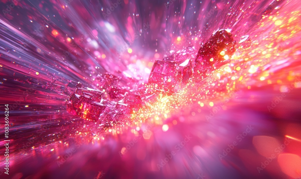 Poster abstract pink crystal cluster with blurred light and glowing particles