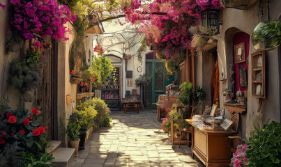 Fototapeta premium Alleyway Charm with Vintage Style and Overhead Clematis Blossoms