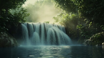 Fototapeta premium A cascading waterfall surrounded by lush greenery, the water flowing gently into a serene pool, with soft mist rising, creating a natural sense of balance and calm