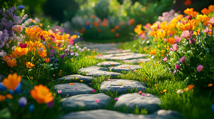 Obraz premium Stone Path Through a Colorful Spring Garden 3D Illustration