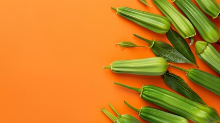 Fresh organic okra on orange background
