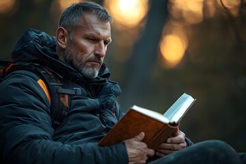 Fototapeta premium A thoughtful man reads a book in nature during sunset, reflecting a moment of leisure.