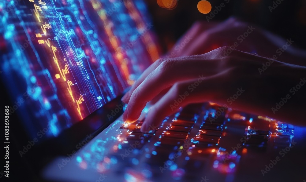 Poster Hands Typing on Laptop with Neon Lights and Data Display