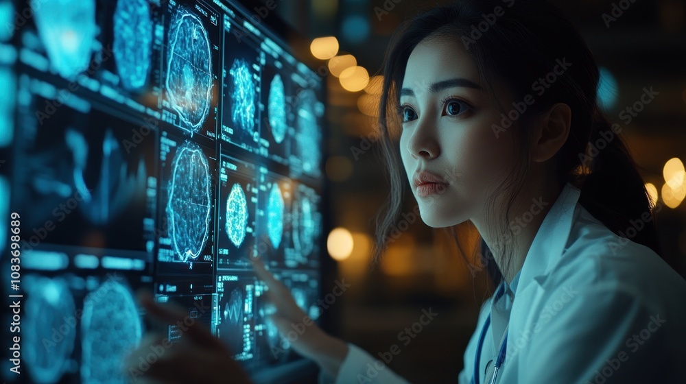 Poster female doctor examining a computer screen with brain scans