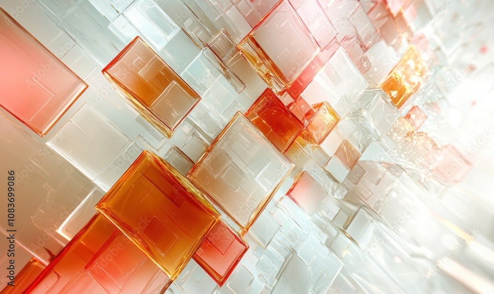 Poster abstract geometric pattern of interlocking glass squares in orange and white tones