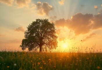 Obraz premium A lone tree silhouetted against a golden sunset sky, standing in a field of tall grass or wheat