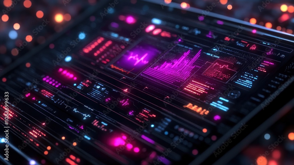 Poster Futuristic Interface with Neon Lights and Data Visualizations