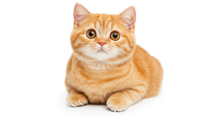 Fototapeta premium short haired British Shorthair cat with orange fur and large eyes, looking curiously at camera. This adorable feline exudes playful and friendly demeanor
