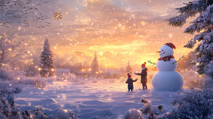 Fototapeta premium A family building a snowman in a snowy field at sunset, with Christmas decorations visible in the background 
