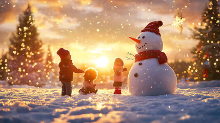 Obraz premium A family building a snowman in a snowy field at sunset, with Christmas decorations visible in the background 