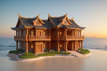 Fototapeta premium Ancient Chinese temple pavilion with pagoda roof against a serene sky, a testament to rich Asian culture and history