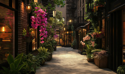 Fototapeta premium Luxe downtown path with angular shop windows and exotic orchids cascading from elegant planters