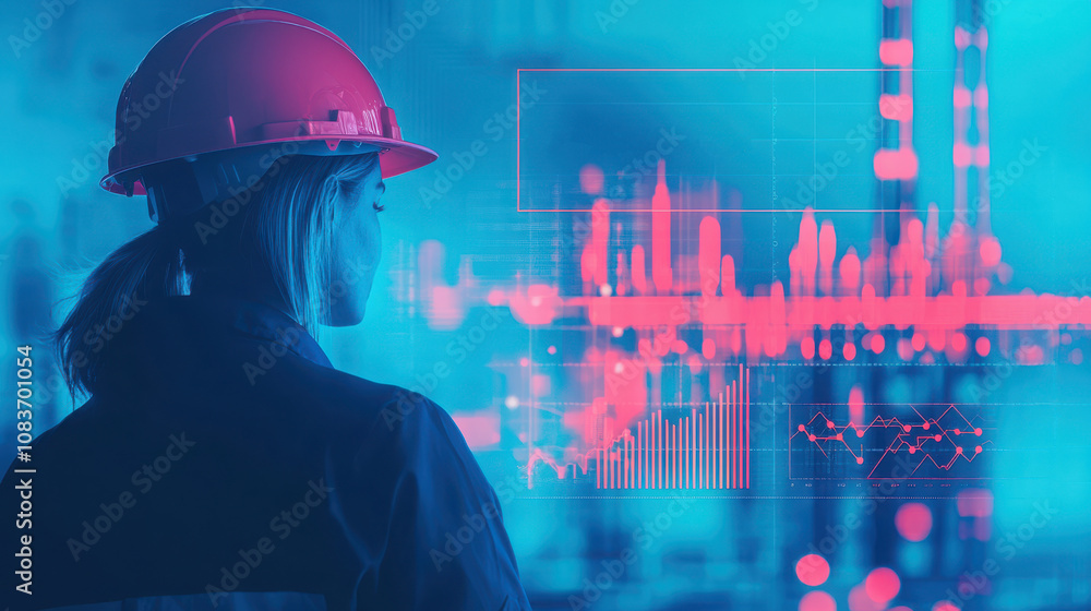 Aufkleber a worker in a hard hat stands against a backdrop of digital data, symbolizing the intersection of in