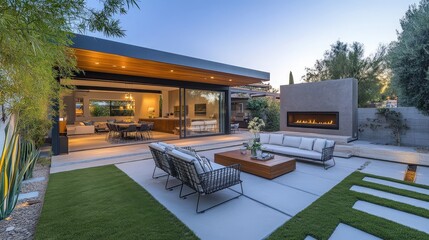 Obraz premium A backyard with a modern patio, complete with comfortable furniture and an outdoor fireplace.