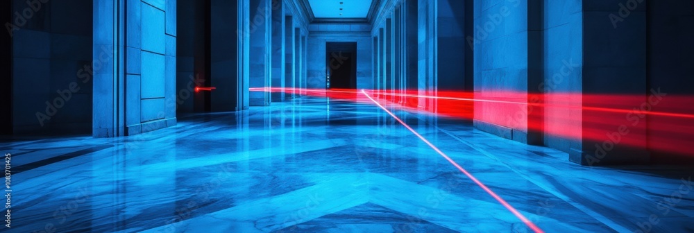 Aufkleber a series of red laser beams crisscross a sleek, illuminated hallway, creating a high-tech security b