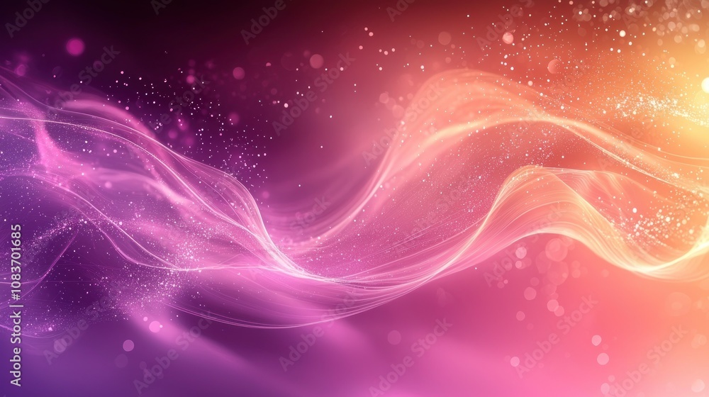 Poster abstract swirling lights and glowing particles on a pink and orange gradient background