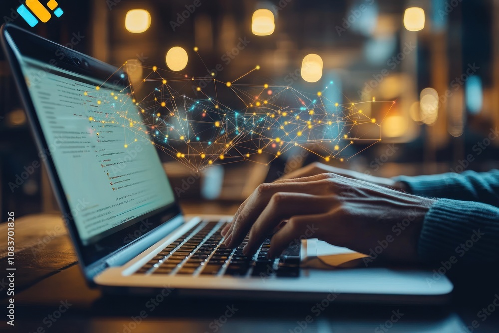 Aufkleber hands typing on a laptop with a network of lights above