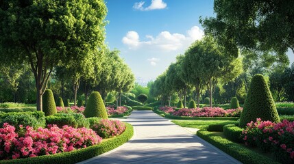 A beautifully landscaped garden with topiary trees and perfectly trimmed hedges. The vibrant flowers create a stunning contrast against the neatly manicured greenery,