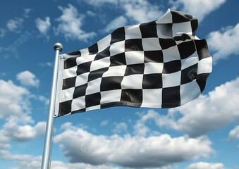 Checkered Race Flag Waving Against Blue Sky