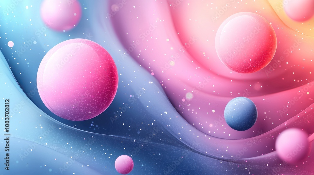 Poster abstract background with pink and blue spheres and sparkling swirls