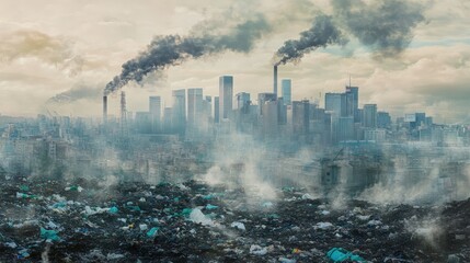 A city skyline with smog in the air due to waste incineration, demonstrating the environmental and...