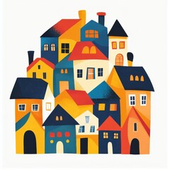 Naklejka premium Abstract style representation of houses, isolate on a white background, focusing on geometric shapes and vibrant colors.