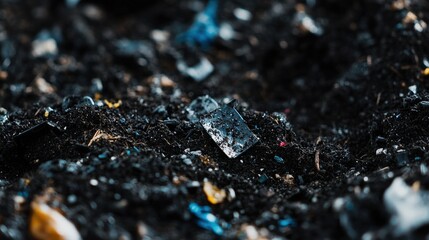 A close-up of microplastic waste found in soil, showing the long-term contamination of ecosystems...