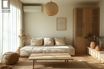 Fototapeta premium A modern japandi interior in a living room with minimalist, sofa and pendant lights and a wooden table. Generative AI 