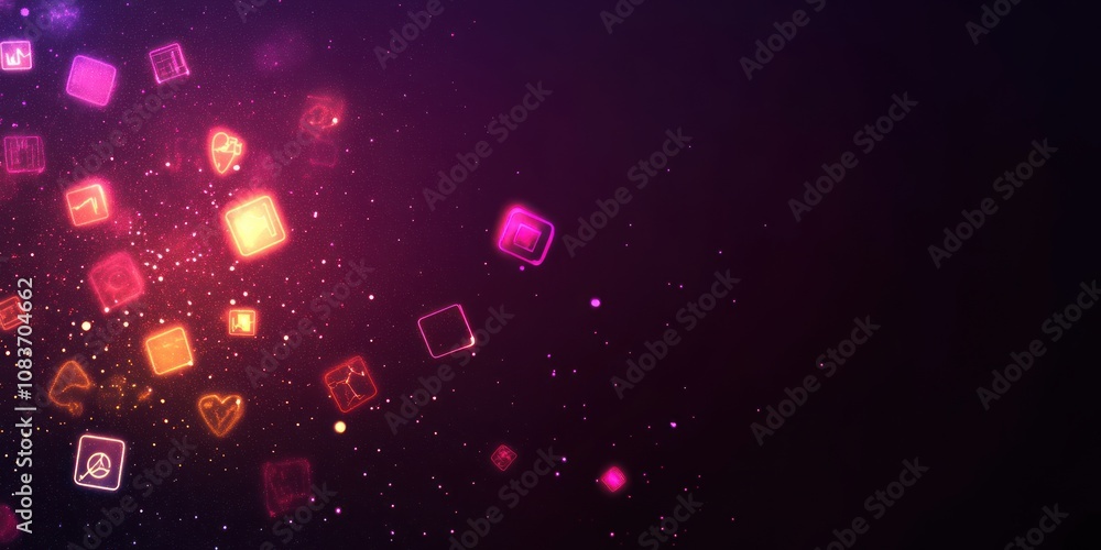 Poster abstract background with neon app icons and glowing dust