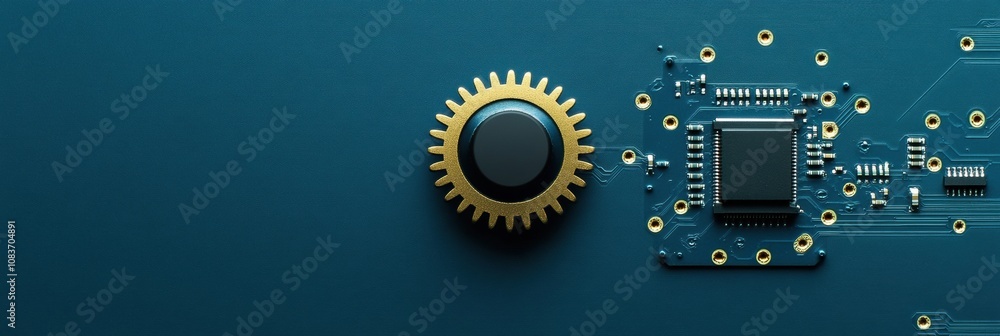 Poster this visual displays an intricate arrangement of gears alongside a microprocessor on a circuit board