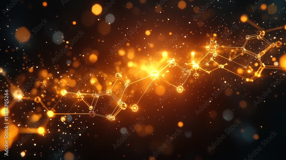 Poster Golden Molecular Structure with Glowing Particles and Bokeh Lights