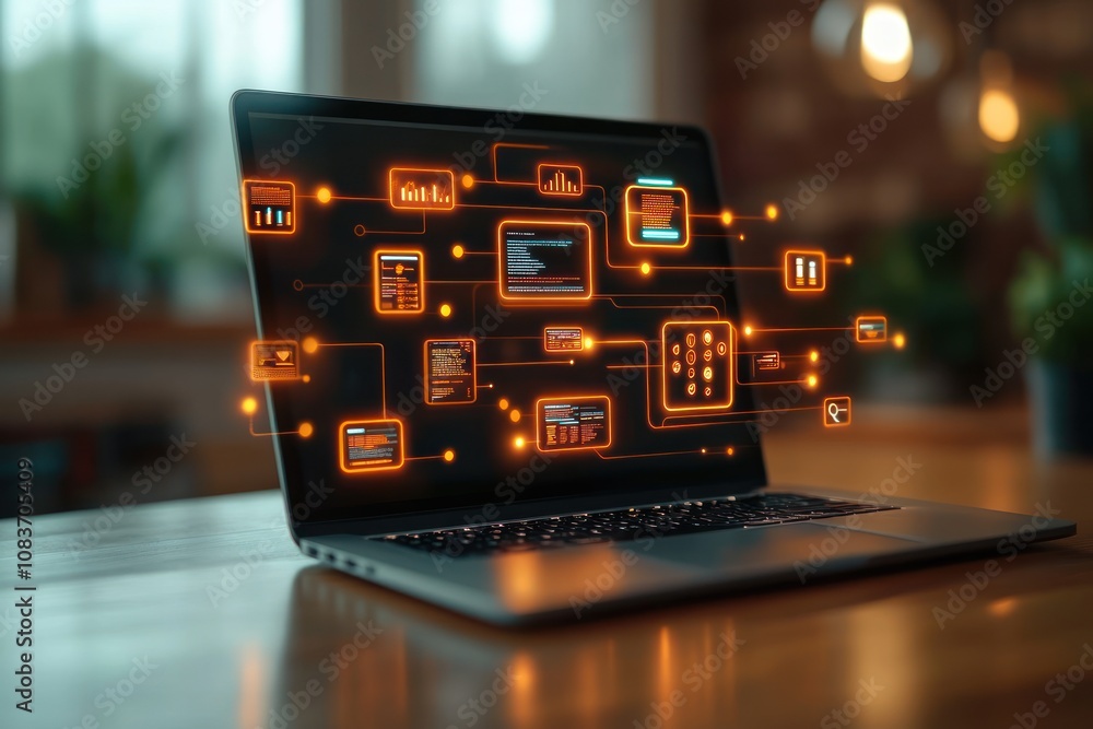 Poster Laptop Display with Network of Interconnected Orange Glowing Icons and Data